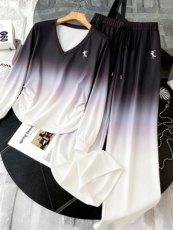 GlowEve CURVE Conjunto de Camiseta de Manga Longa com Bordado e Calça Solta em Degradê para Mulheres Plus Size, Fashion & Minimalista, Presente para Amigos