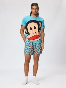 Paul Frank X SHEIN Men's Crew Neck Short Sleeve Top And Shorts Loungewear Set - Blue - View 3