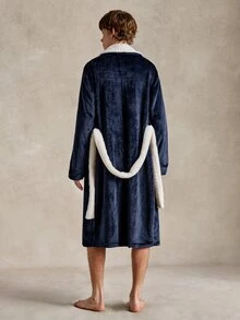EverLounge Men's Autumn/Winter Fashion Navy Blue Contrast White Collar Left Chest British Style Embroidered Plush Robe - Navy Blue - View 2