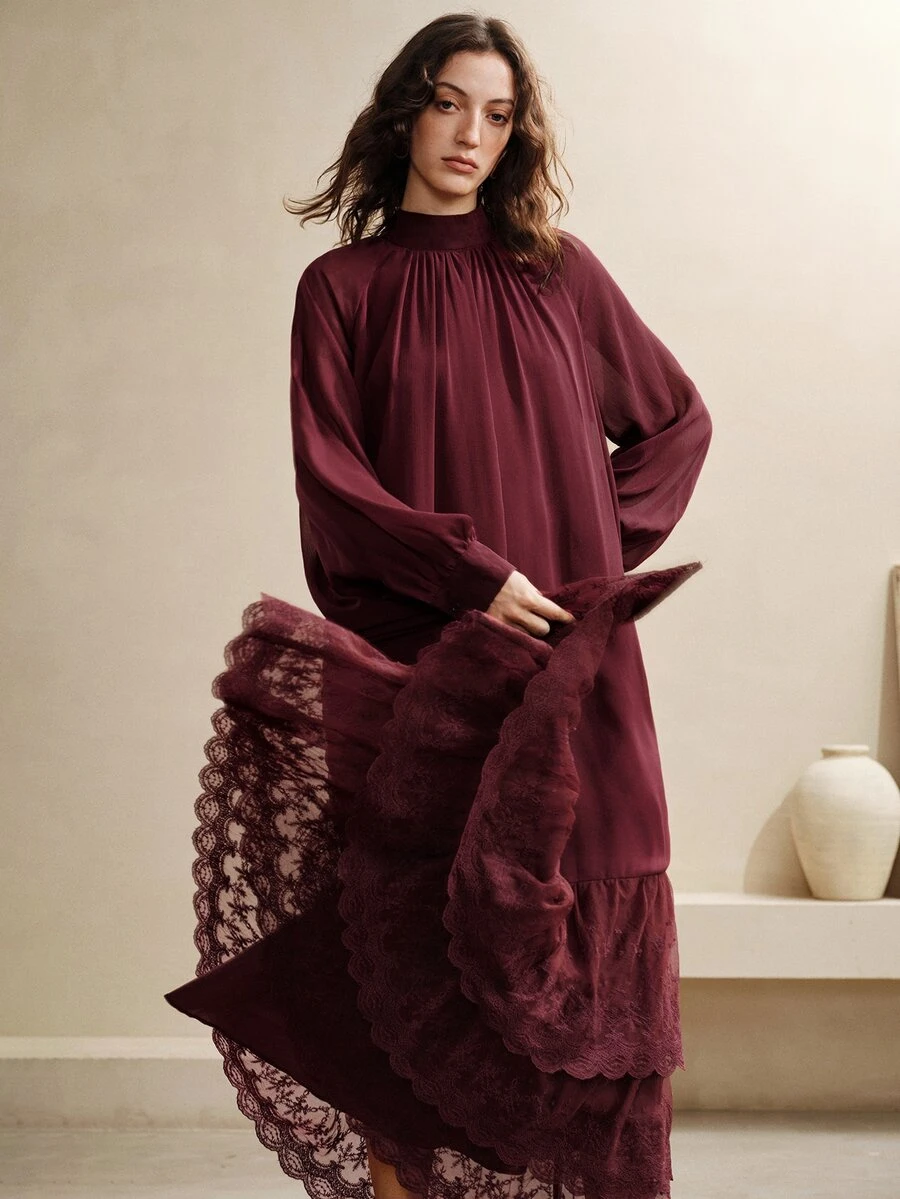 SHEIN Women's Small Stand Collar Chiffon Woven Multi-Layer Ruffle Design Loose Fit Elegant Date Long Dress - Burgundy - View 1