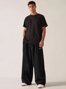 SWAVVY 男士字母印花休閒百搭日常旅行長褲 - 黑色 - 查看 2