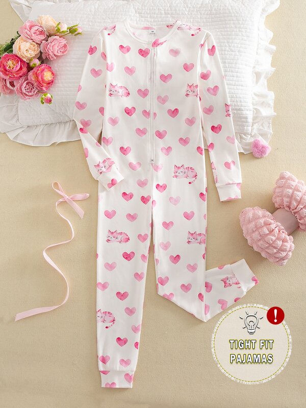 Girls' Slim Fit Long Sleeve Long Pants Jumpsuit With Bow Print And Zipper, Loungewear