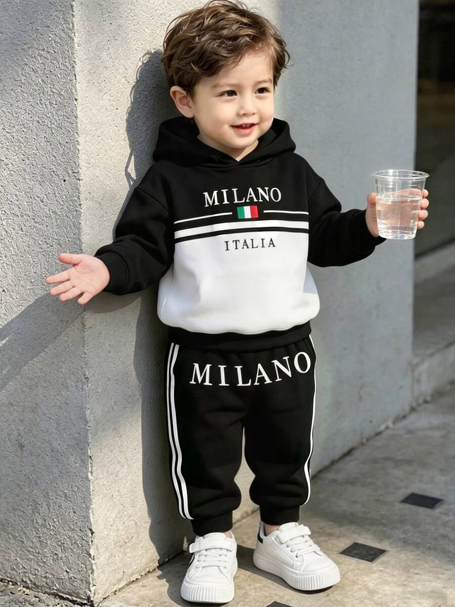 2件組幼兒休閒時尚格紋字母印花 MILANO, ITALIA 刷毛連帽衛衣與經典大字母印花側條紋長褲休閒套裝,適合運動戶外休閒,適用秋冬 - 彩色 - 查看 1