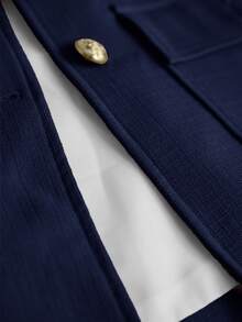Aveloria Modichic Small Stand Collar Tweed Single-Breasted Metal Button Decor Belted Utility Jacket - Navy Blue - View 7