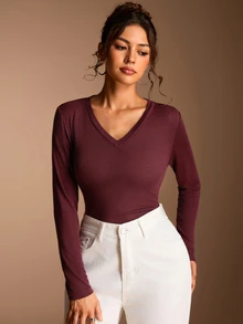 SHEIN BASICS 女款純色修身百搭日常長袖T恤 - 酒紅色 - 查看 8