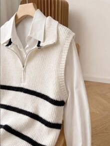 SHEIN Franclia Cream & Black Striped Half-Zip Stand Collar Knit Vest, Loose Soft Layering Slimming Commuter Old Money Style Sleeveless Tank Top, Spring/Autumn - Apricot - View 4