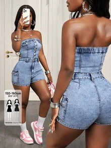 SHEIN PETITE Women's Single-Breasted Bandeau Cargo Pocket Denim Romper - Light Wash - View 1
