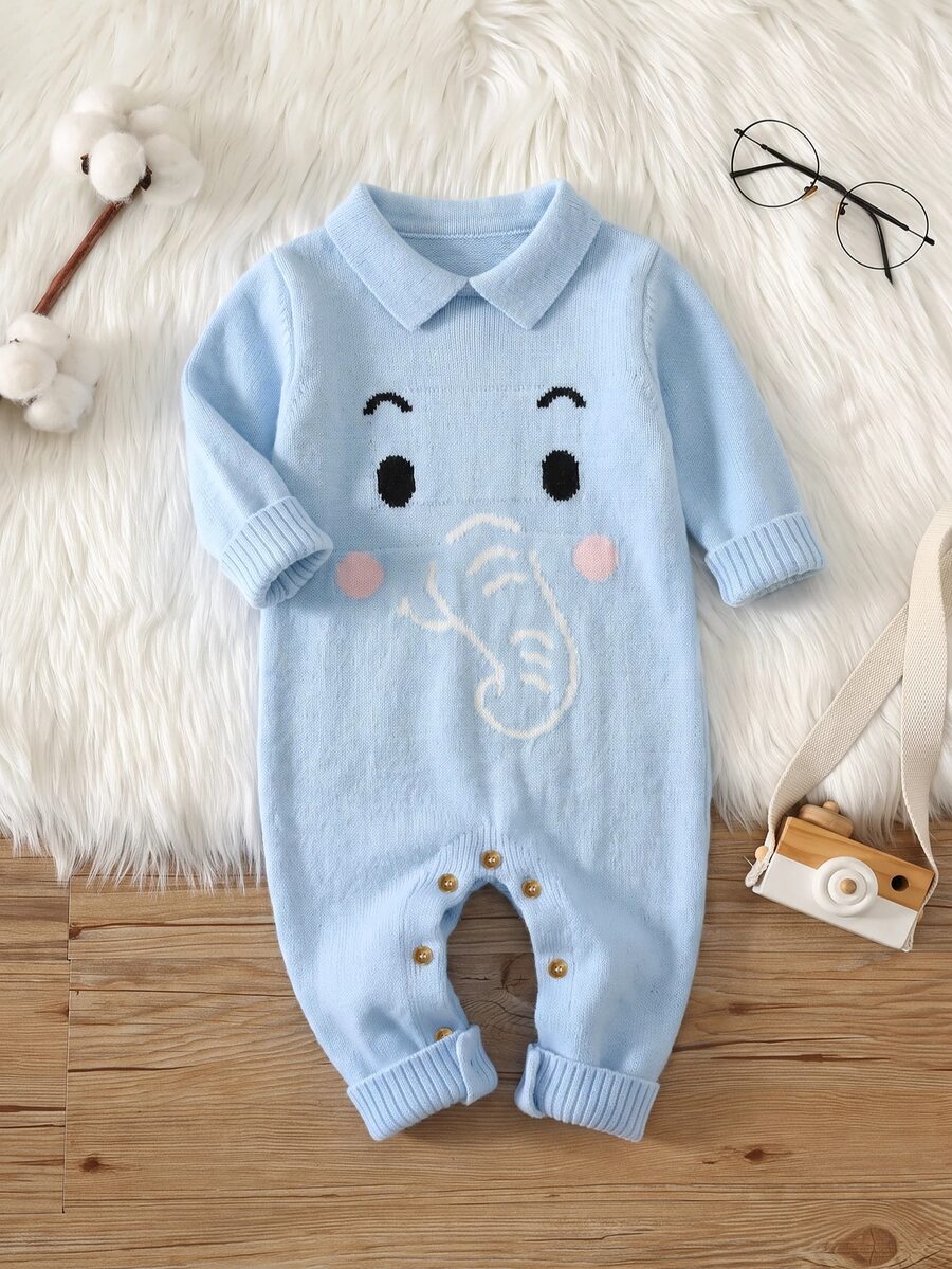 SHEIN Autumn/Winter Cute Animal Pattern Kids Long Sleeve Sweater Romper, Knitted Sweater - Blue - View 1