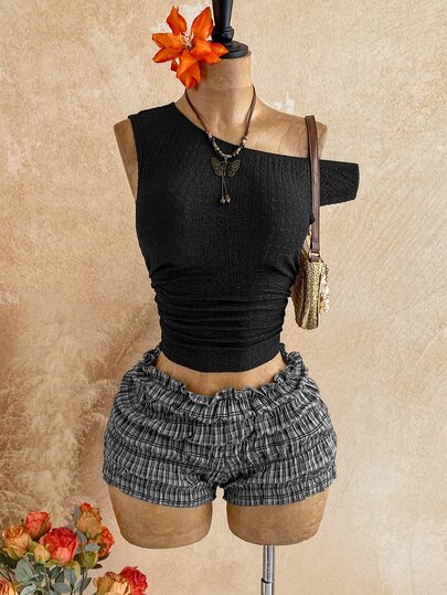 Soleia Women's Solid Color Asymmetric Neck Top And Shorts Casual Daily 2-Piece Set