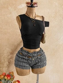 Soleia Women's Solid Color Asymmetric Neck Top And Shorts Casual Daily 2-Piece Set - Black - View 7