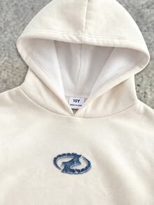 青少年男孩連帽衛衣，附連帽設計，奶油色羅紋袖口與下擺，胸前牛仔效果破舊不對稱Logo，外袖兩條藍色牛仔效果破舊織帶設計 - 彩色 - 查看 4