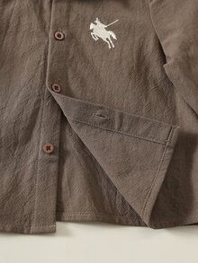 SHEIN 男嬰純色百搭舒適翻領長袖鈕扣襯衫與鬆緊腰長褲兩件套 - 彩色 - 查看 6