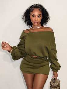 BamGleam Solid Color Asymmetric Collar Top And Skirt 2 Pieces Set - Army Green - View 1