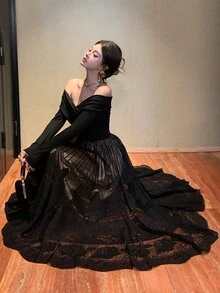 DAZY Women's Square Neck Long Sleeve Cinched Waist Lace Patchwork Elegant Dress Fall - Black - View 2