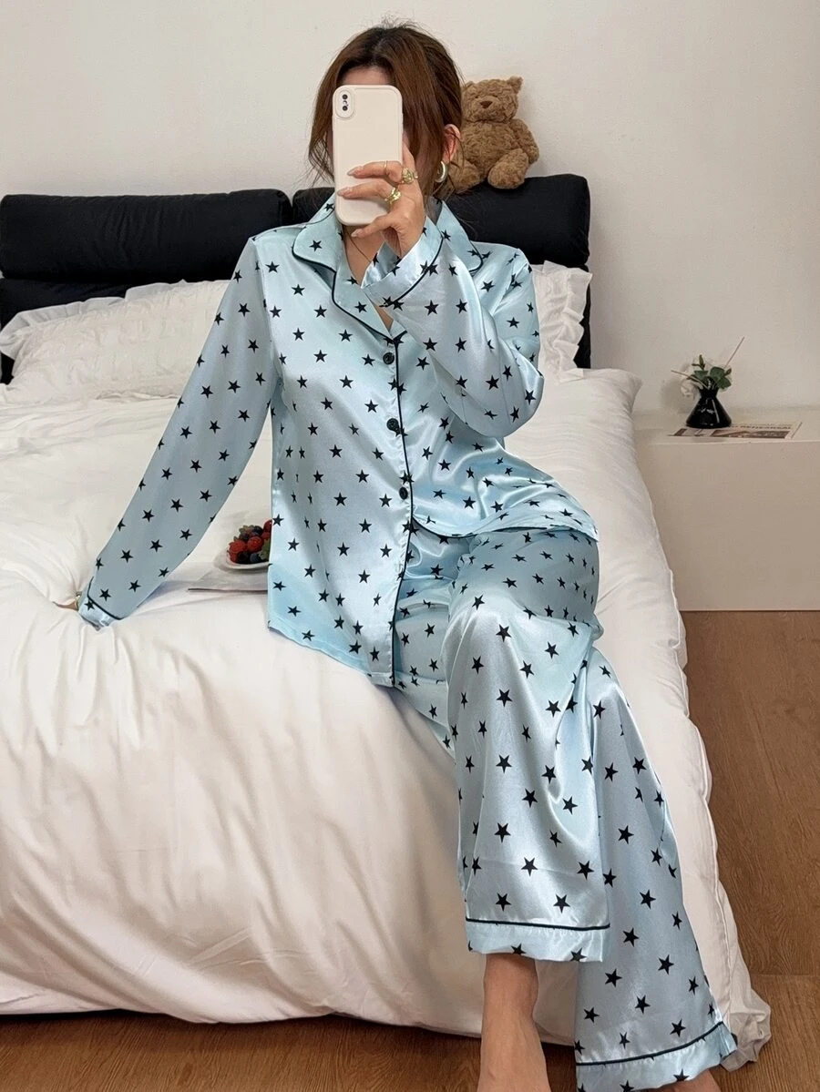 Napfluff Star Print Faux Silk Open Front Long Sleeve Women's Pajama Set - Blue - View 1