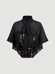 SHEIN MOD 2pcs Lace Bandeau Top And Chiffon Cape Set, Fall Clothes ,Fairy Top, Halloween Costume,Christmas,Party , Going Out Tops ,Concert Outfit - Black - View 1