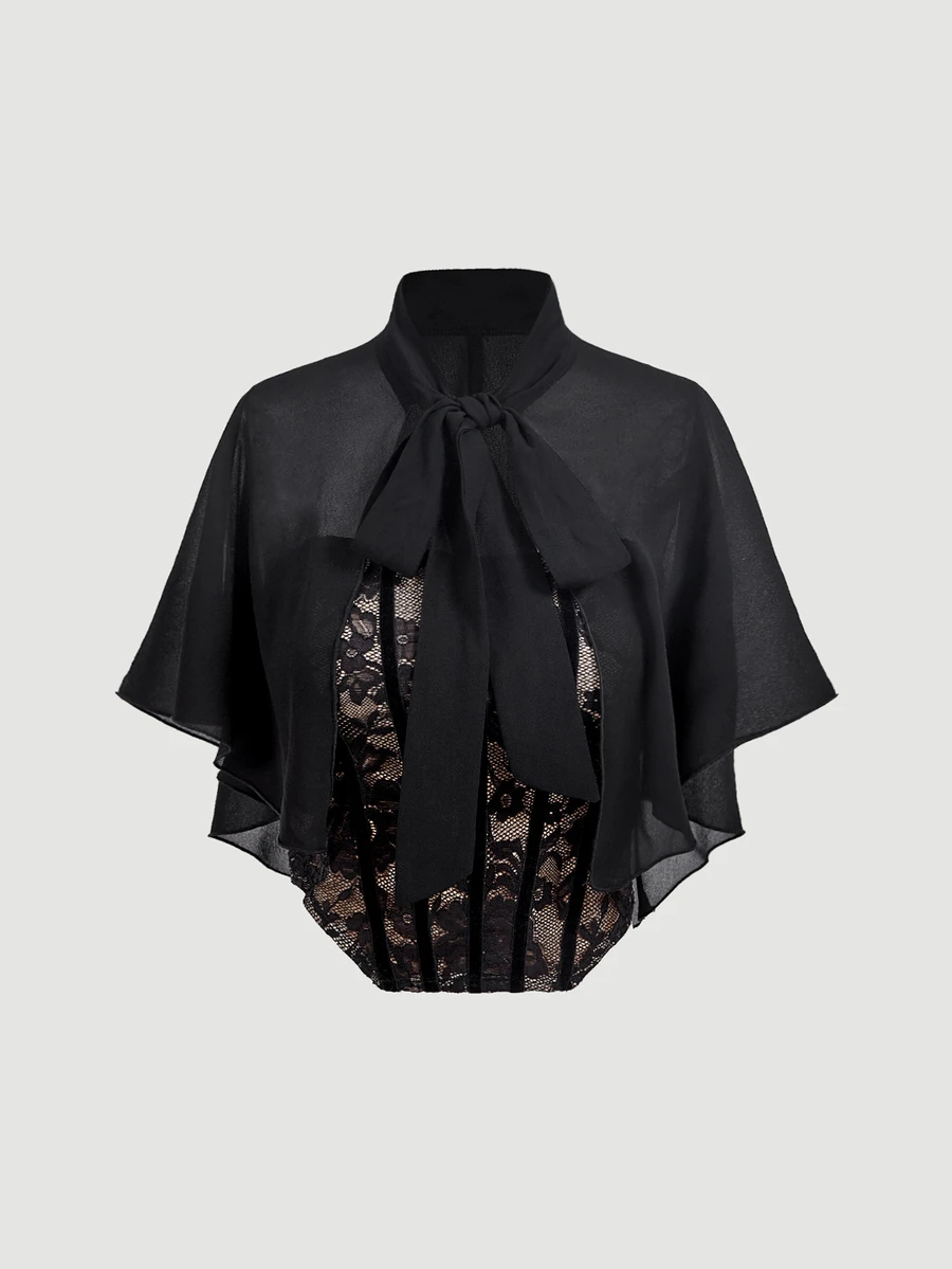SHEIN MOD 2pcs Lace Bandeau Top And Chiffon Cape Set, Fall Clothes ,Fairy Top, Halloween Costume,Christmas,Party , Going Out Tops ,Concert Outfit - Black - View 1