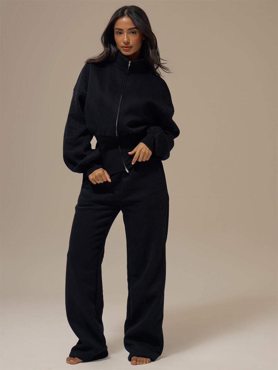 Black Stand Collar Cinched Wide Ribbed Waist Double Ended Zip Up Jacket