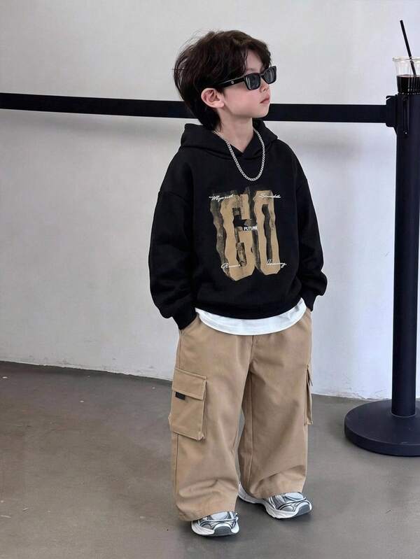 SHEIN 2pcs Young Boys Casual Streetwear Korean Style Hooded Long Sleeve Sweatshirt And Solid Color Elastic Waist Sweatpants Set, Suitable For Back To School, Birthday, Baby Shower, Holiday Party, Autumn/Winter