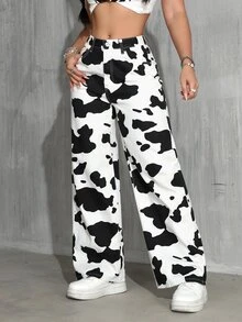 Jeanoix Petite Women's Cow Print Casual Versatile Daily Wear Denim Long Pants - Black and White - View 6