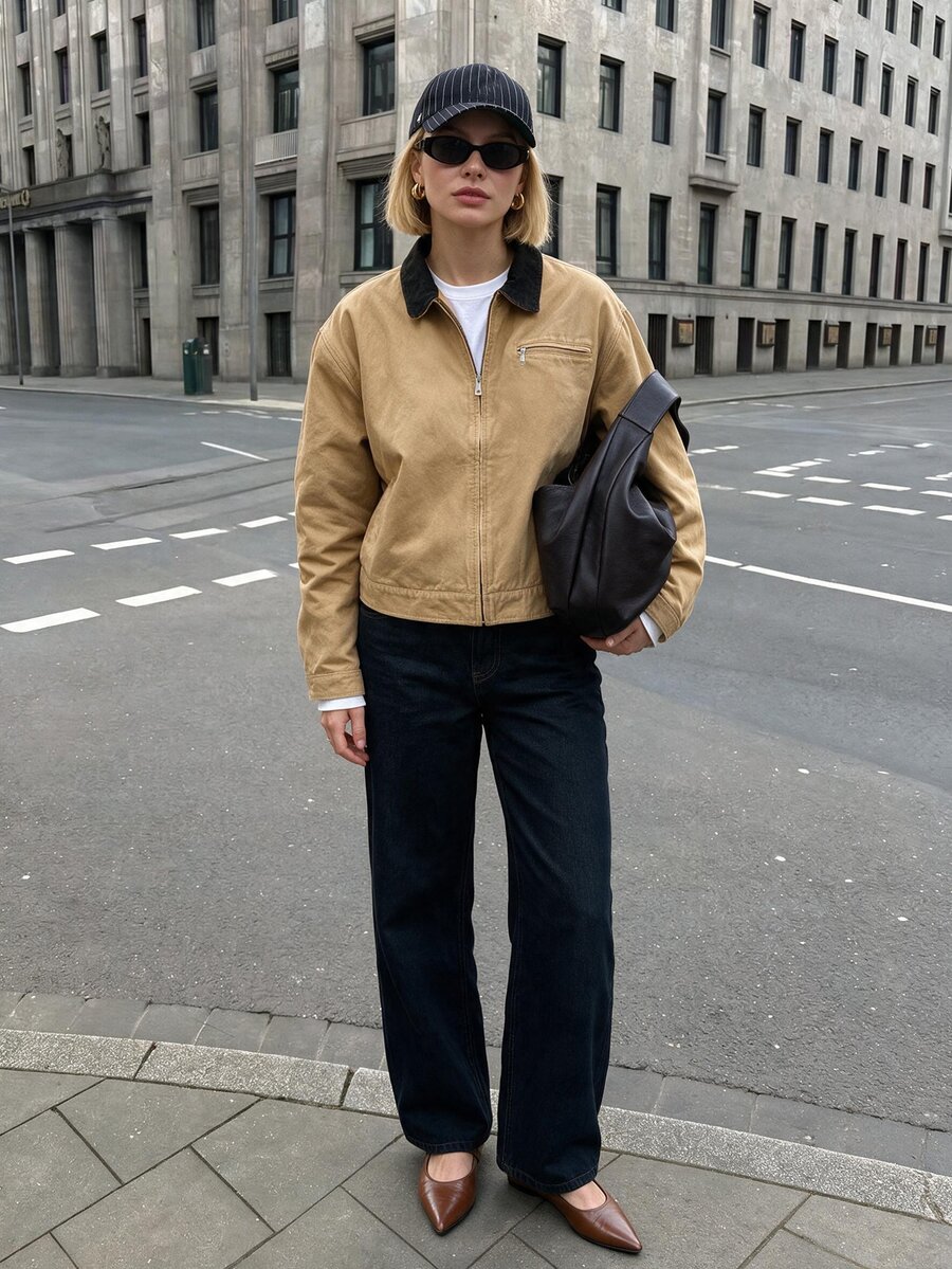 Struktiv Tan Washed Canvas Oversized Jacket Women Contrast Collar Zip Up Work Coat - Khaki - View 1