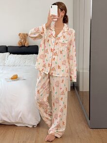 Napfluff Cute Gingerbread Man & Little Cabin Print Lapel Pajama Set, Long Sleeve Long Pants Casual Comfortable Loungewear - Yellow - View 6