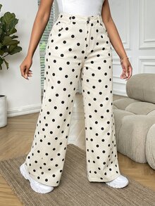 SHEIN MOD Plus Size Women's Casual Daily Travel Denim Jeans With Pockets, Buttons And Polka Dot - White - View 3