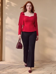 MOTF PREMIUM PLUS SIZE WOMEN'S BOWKNOT DECOR SWEETHEART NECKLINE TOP FALL - Red - View 4