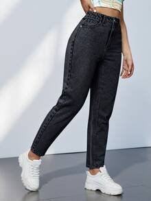 SHEIN PETITE Women's High Waist Pocket Casual Versatile Denim Long Pants - Black - View 3