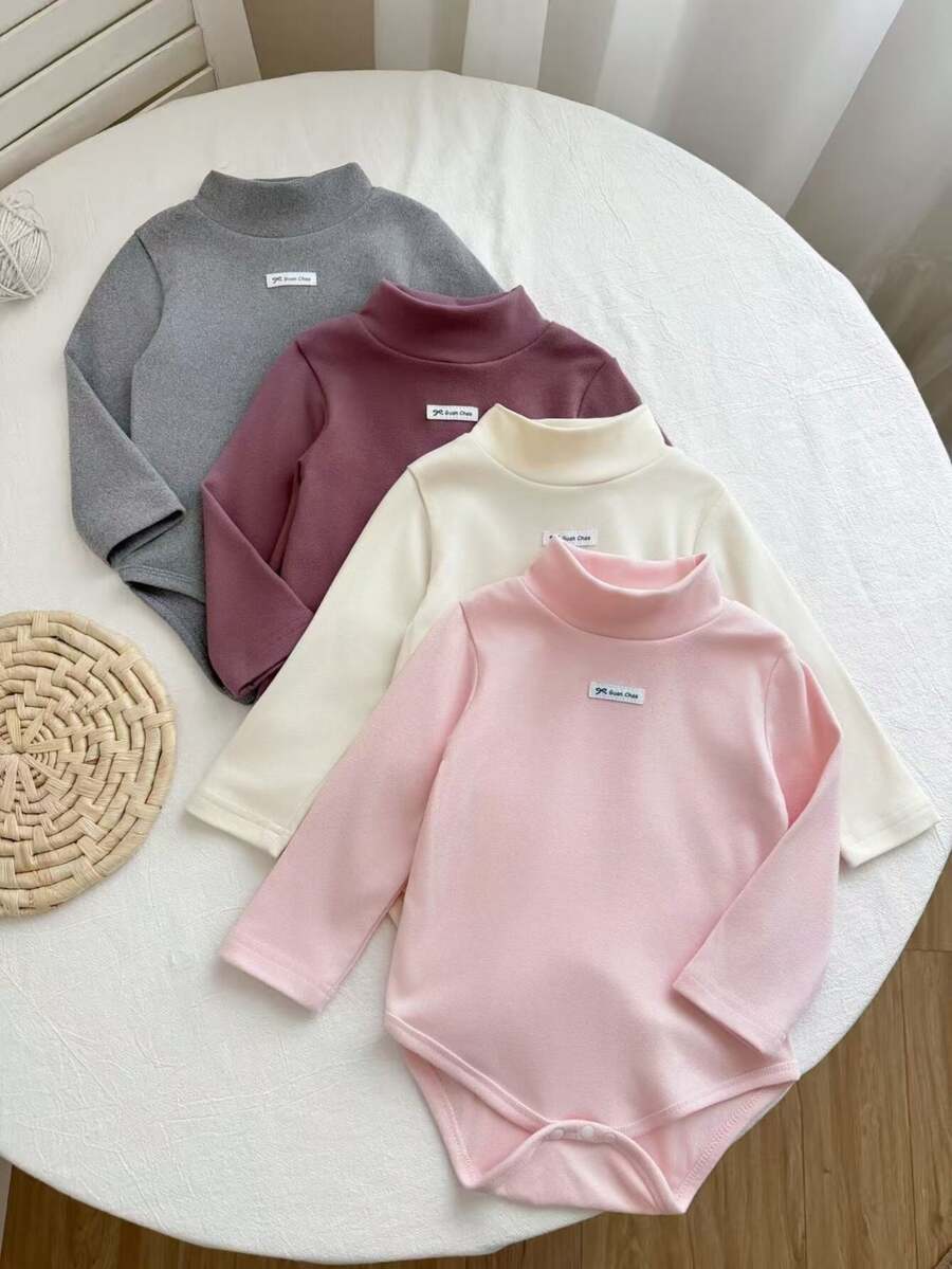 SHEIN LMoss طقم 4 قطع لحديثي الولادة للبنات، رومبير لطيف بلون سادة وياقة وهمية وأكمام طويلة، للخريف والشتاء - متعدد الألوان - مشاهدة 1