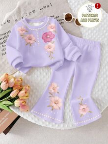 2件組女嬰可愛3D刺繡大花珍珠印花休閒簡約紫色圓領衛衣與修身喇叭褲套裝，秋冬春夏，戶外可愛女嬰服飾，韓系，返校季 - 彩色 - 查看 2