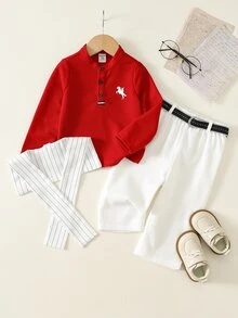 SHEIN 男嬰 3 件組秋冬休閒時尚學院風 POLO 衫套裝，含披肩與腰帶，嬰兒冬季服飾，聖誕、生日穿著，洗禮禮服 - 紅色 - 查看 3
