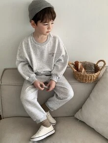 Dazy Kids Young Boy Gray Floral Embroidered Sweatshirt & Sweatpants Set Fall - Light Grey - View 2
