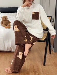 Napfluff Women's Casual Plush Teddy Bear Print Long Sleeve Pullover Pants Pajama Set - Multicolor - View 4
