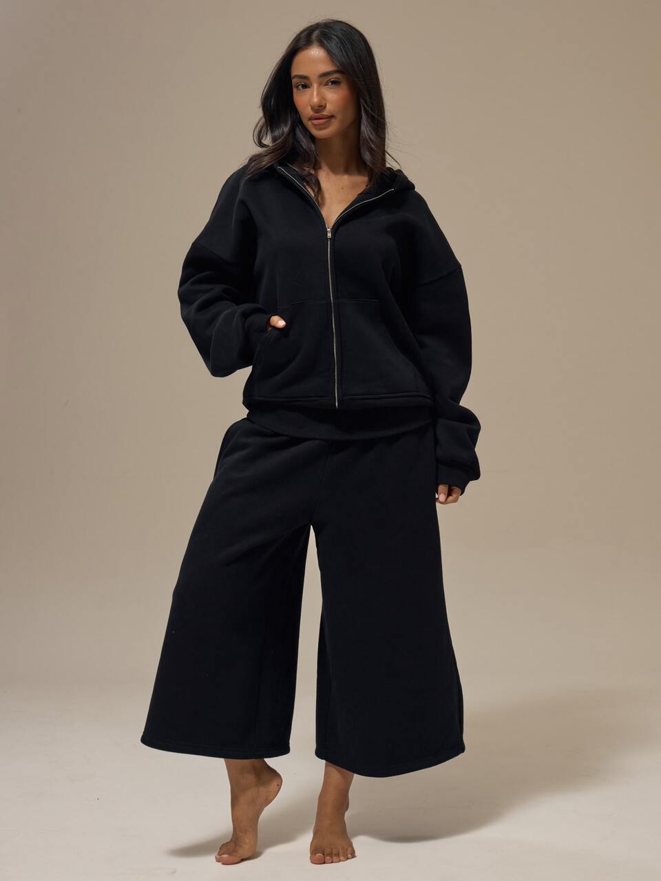 Black Heavyweight Fleece Drop Shoulder Kangaroo Pocket Full Zip Hoodie