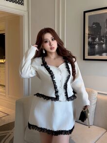 Vibekara Plus Size Elegant Elegant Contrast Color Lace Trim Jacket & Skirt Set Fall - White - View 7