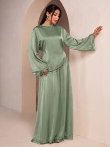 Veilorie Women's Lace Patchwork Long Sleeve Top And Skirt Casual 2 Pieces Set - Green - View 1