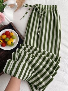 SHEIN EZwear 深綠色與白色條紋大尺碼女款繫腰寬腿長褲 - 軍綠色 - 查看 1