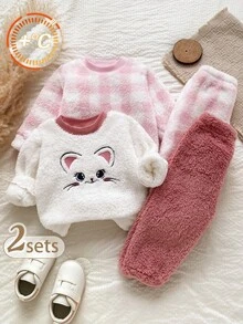 SHEIN Vintaside Kids 女嬰冬季圓領長袖法蘭絨可愛卡通貓刺繡衛衣 格紋長褲 抓皺袖口 甜美風舒適毛茸多件套裝 適合寒冷天氣日常出遊休閒旅行 - 粉色 - 查看 1