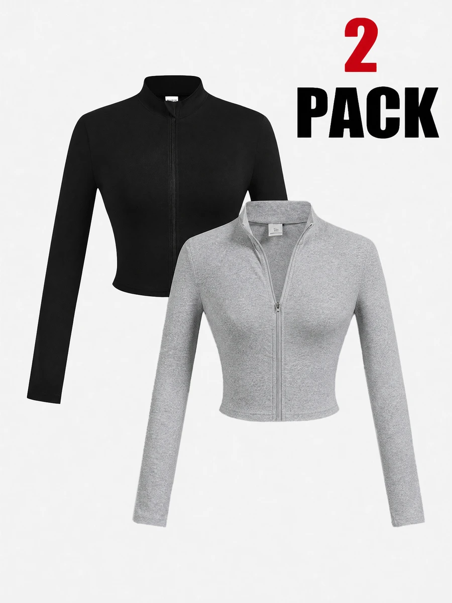 SHEIN Girlism Teen Girls All-Match Casual Versatile Zip-Up 2pcs Pieces Set, Multi-Piece Set - Grey - View 1