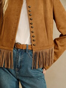 SHEIN Women's Jacket Short H-Line Soft Brushed Rhinestone Fringe Hem Multi-Button Stand Collar Commuting Vintage Brown Solid Western Outfits For Women Fall - Brown - View 7