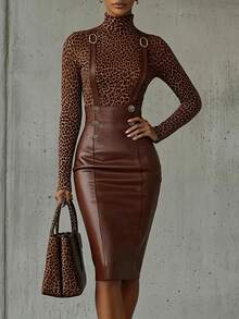 Elegantrix Autumn/Winter Plus Size Women's High Waist Button PU Suspender Bodycon Skirt Street Style Vintage Set Fall - Coffee Brown - View 4