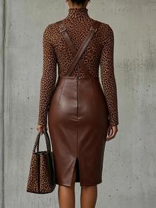 Elegantrix Autumn/Winter Plus Size Women's High Waist Button PU Suspender Bodycon Skirt Street Style Vintage Set Fall - Coffee Brown - View 2