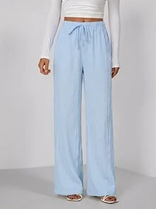 SHEIN Tall Loose Drawstring Waist Trousers In Textured Crinkle Fabric - Sky Blue - View 3