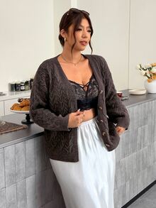 Firerie Maillard Coffee Color V-Neck Cable Knit Loose Lazy Long Sleeve Vintage Sweater Cardigan Winter - Brown - View 4