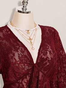 SHEIN ICON 大尺碼前綁帶 V 領不對稱下擺喇叭袖針織提花上衣，仙女風復古 Y2K 秋季上衣 - 酒紅色 - 查看 4