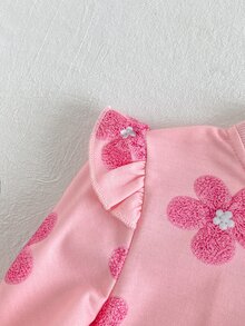 SHEIN Playful Pals 女嬰長袖圓領簡約休閒花卉印花夾克與時尚休閒百搭印花長褲套裝，舒適秋季休閒外出、玩耍與拍照穿搭 - 粉色 - 查看 5