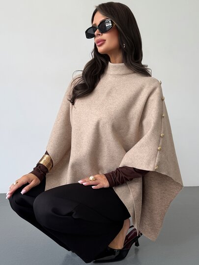 Firerie Women's Loose Side Single-Breasted 3/4 Sleeve Cape-Style Elegant Overcoat, Autumn/Winter Coat, Comfortable Skin-Friendly Overcoat, Cape-Style Coat, Oatmeal Color Coat