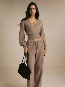 Poéselle Women's Solid Color Single-Breasted Dropped Shoulder Long Sleeve Knit Cardigan And Knit Pants Casual Set - Khaki - View 7