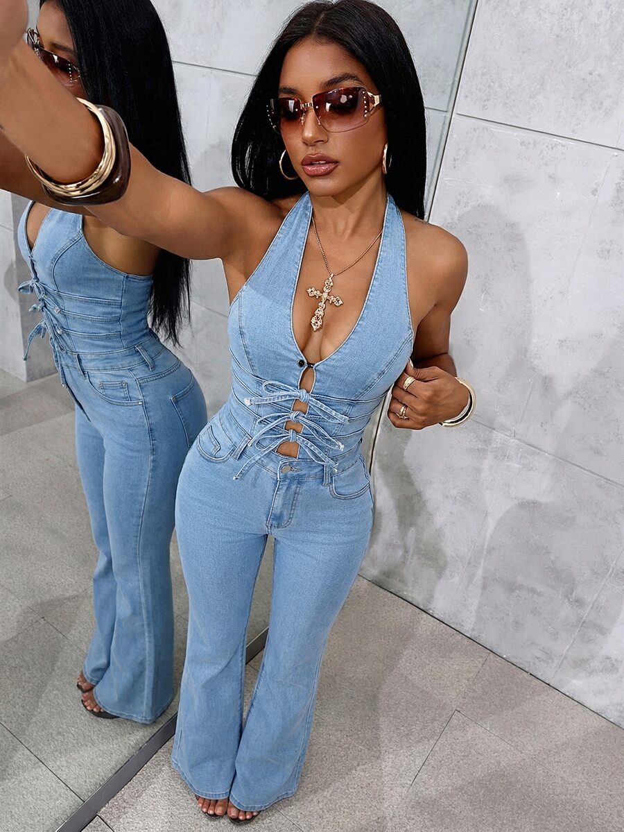 Jeanoix Petite Women's Casual Daily Outing Halter Neck Denim Jumpsuit With Pockets - Light Wash - View 1